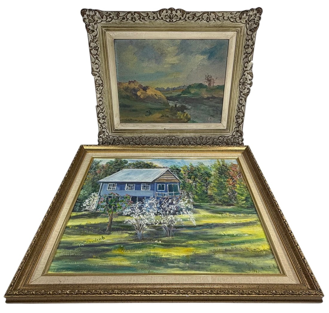Signed P. Goodrich & C. Reyes Oil Paintings 2pcs: P. Goodrich and C. A. Reyes, two oil on canvas landscapes including a rural homestead with flowering trees and a river scene with hills, bright and soft tonal styles, signed, in decorative frames. Lar