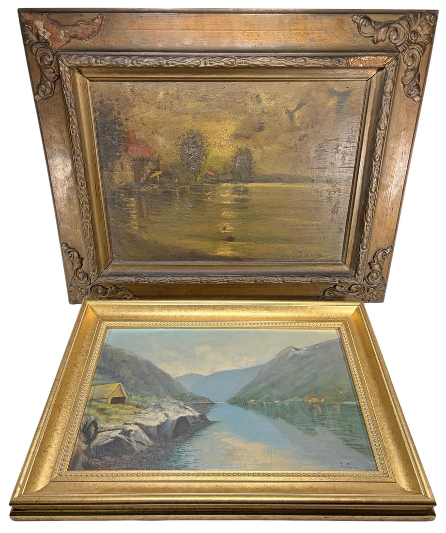Oil on Board Landscape Paintings, SIGNED 2pcs: Oil on board landscapes, depicting moody lakeside and mountain scenes with reflective water, tonal impressionistic and naturalistic styles, both are signed to the lower right, in gilt frames. Largest 