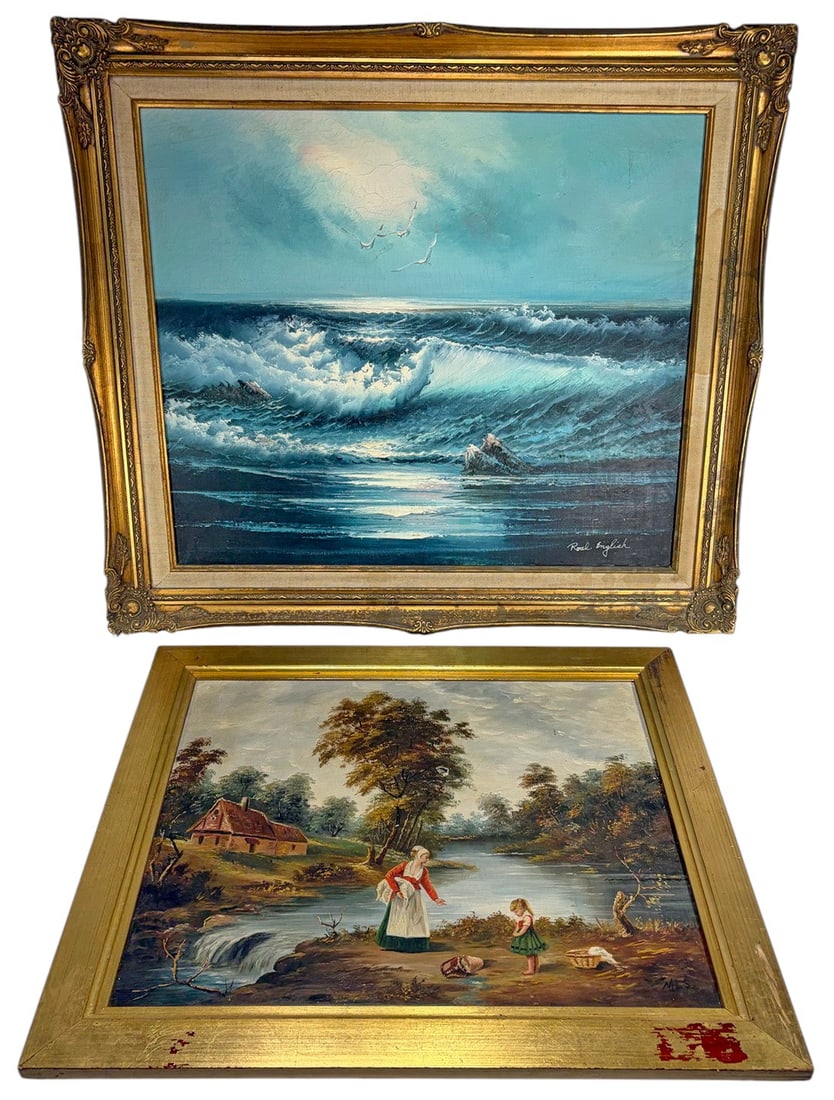 Landscape & Seascape Oil Paintings, Signed 2pcs: Oil on canvas seascape and landscape paintings, depicting crashing waves with seabirds and a pastoral riverside scene with figures, dramatic and traditional European styles, signed to the lower right,