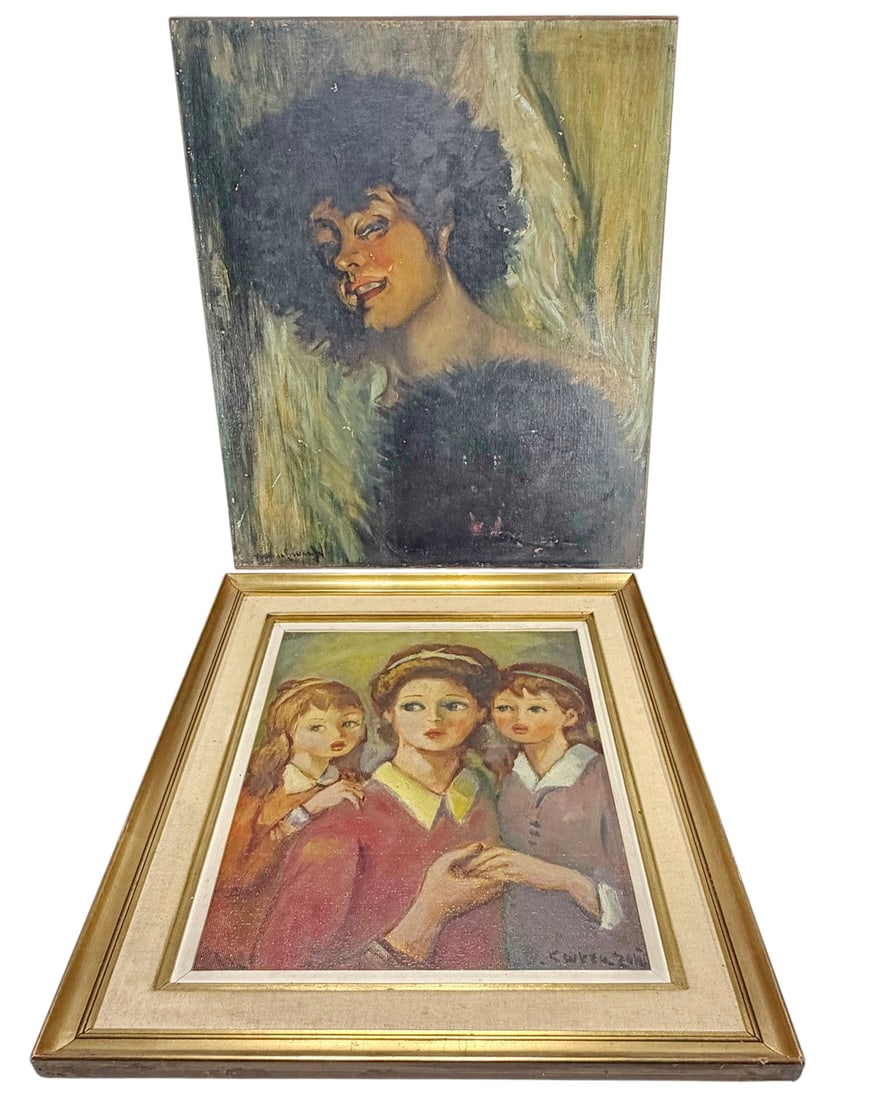 Woman & Girls Oil Paintings, Signed 2pc LOT: Two oil painting on canvas figural paintings depicting female subjects, expressive and modern naive styles, one signed lower left and one signed lower right, one framed and one unframed. Largest examp