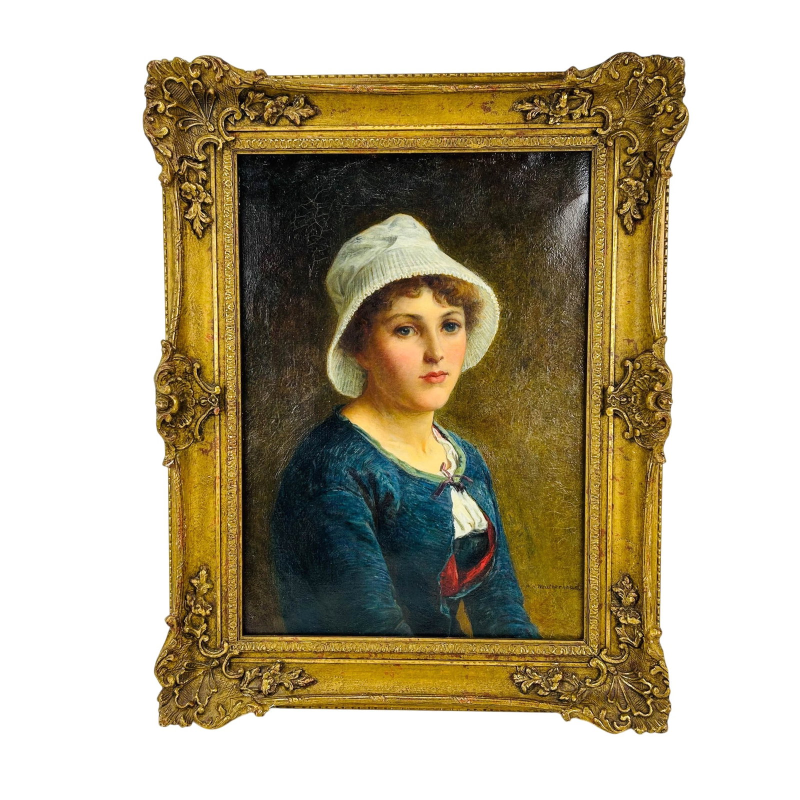 W H Weatherhead 1843-1903 Portrait Oil Painting: William Harris Weatherhead (British, 1843-1903) oil painting on canvas. Depicting a young woman in period attire, wearing a white bonnet and blue garment with red accent, showcasing detailed facial fe