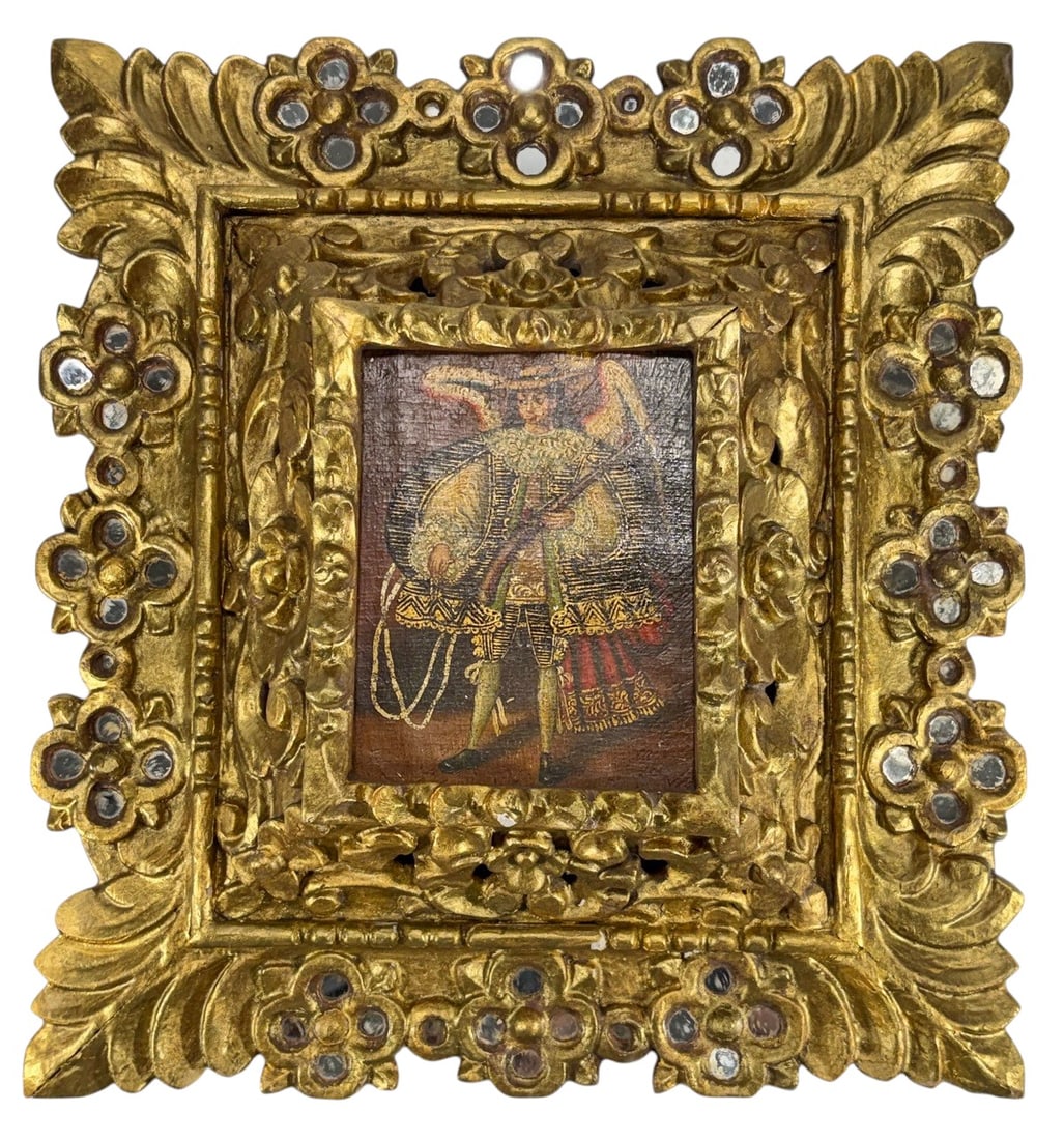 Cusco Peru Arcabucero Angel Painting on Wood Panel: Cusco, Peru school painting depicting an arcabucero angel, painted on wood panel. The figure is shown in traditional colonial attire holding a firearm, characteristic of Andean religious iconography. 