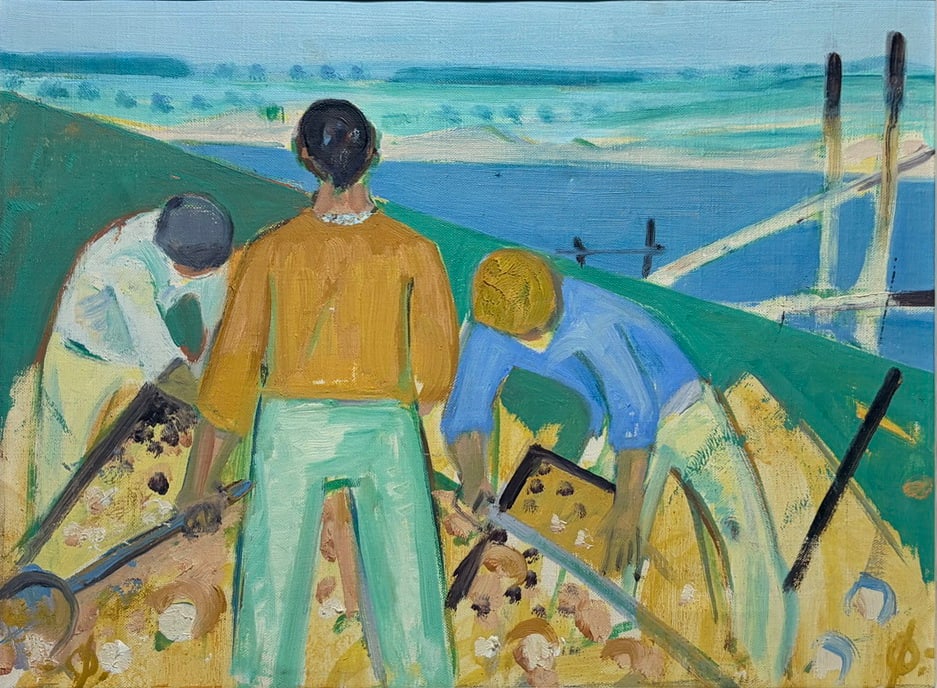 Oigaard, Hans (Attributed) Oil Painting on Canvas: Oil Painting on canvas attributed to Hans Oigaard (Denmark), depicting a coastal harvesting or fishing scene with figures working along the shoreline. The composition features expressive brushwork