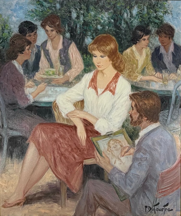 P. Duteurtre Oil Painting on Canvas 'Le Portrait': Oil on canvas painting attributed to P. Duteurtre. Figural composition depicting a seated woman with surrounding figures in an outdoor cafe setting. Signed lower right 'P. Duteurtre.' Presented in a
