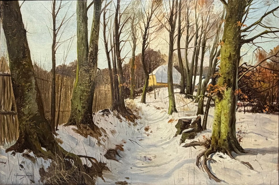 Carlo Jensen Landscape Oil Painting on Canvas: Oil painting on canvas by Carlo Hornung Jensen (Danish, 1882-1960), titled 'On a Clear Winter Day.' Depicts a winter landscape with trees and a path leading toward a distant structure, executed in a n