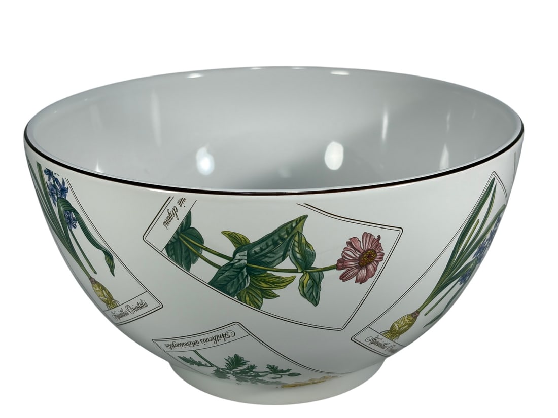 Tiffany & Co Botanical Specimens Porcelain Bowl: Tiffany & Co Botanical porcelain bowl, rounded form, botanical specimen panels, white ground, multicolor floral decoration, dark rim line, marked underside 'Botanical Made in Portugal Exclusively for