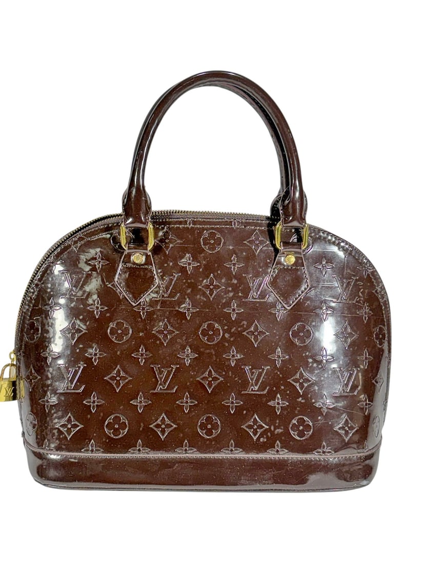 Louis Vuitton Vernis Alma PM Style Handbag: Louis Vuitton Vernis Alma PM style handbag in brown embossed patent leather with monogram pattern, dual handles, zip-top closure, and gold-tone hardware with padlock. Includes dust bag. Dimensions: 9.