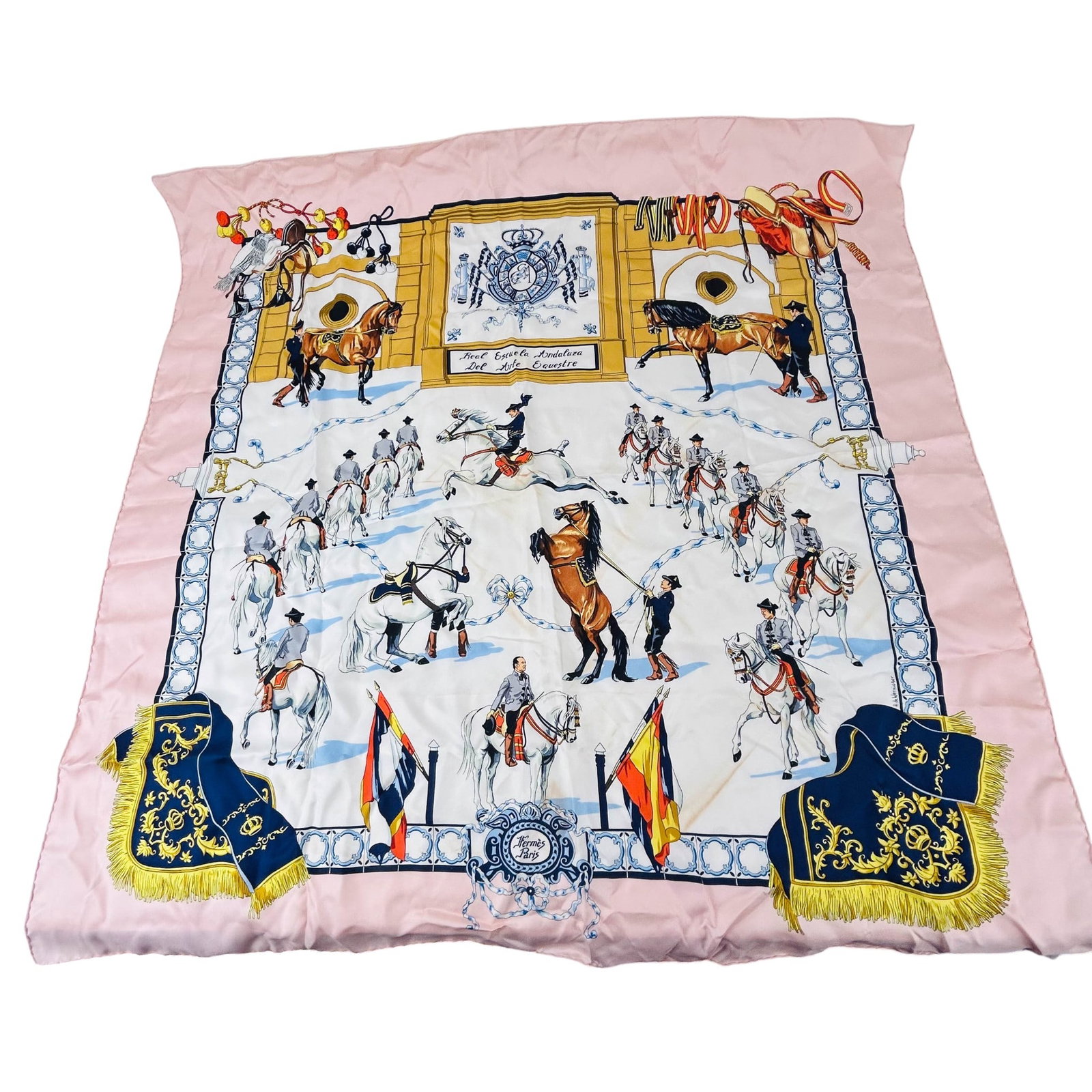 Hermes Royal Andalusian Equestrian 100% Silk Scarf: Hermes Paris France Real Escuela Andaluza Del Arte Ecuestre silk scarf designed by Hunert de Watrigant in 1996. The design celebrates the Royal Andalusian Scool of Equestrian Art in Spain and