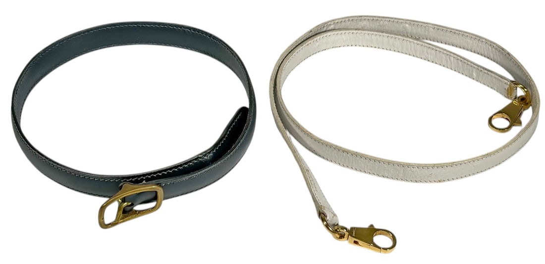 Hermes Leather Black Belt & White Bag Strap 2pcs: Hermes Paris two piece leather accessory set, black belt strap and white bag strap, gold tone hardware and buckle, stamped Hermes Paris Made in France, interchangeable accessory use. Longest strap mea