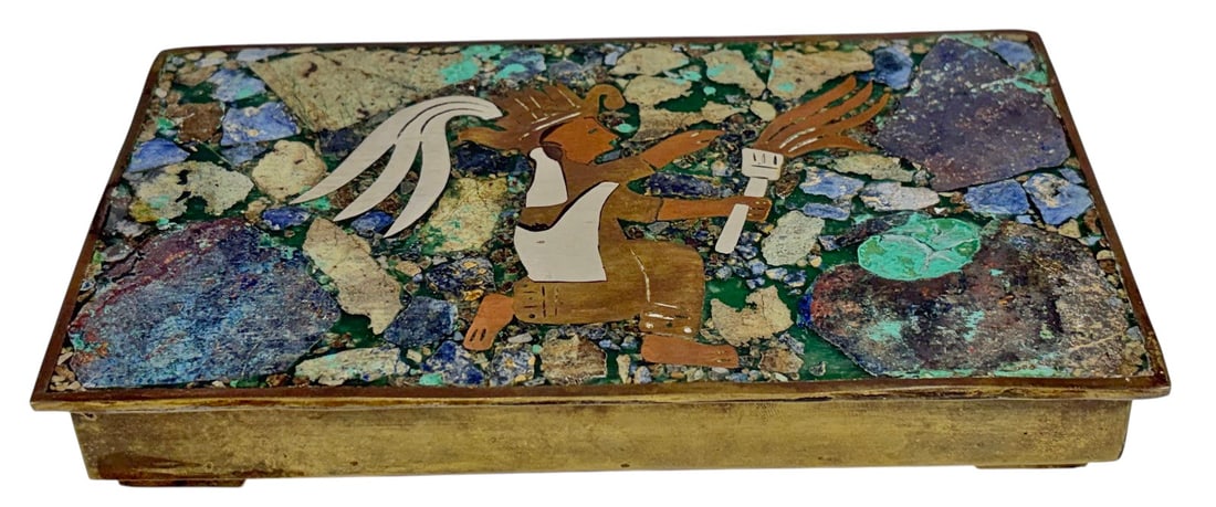 Mexican Native Rectangular Stone Inlaid Brass Box (1 of 5)