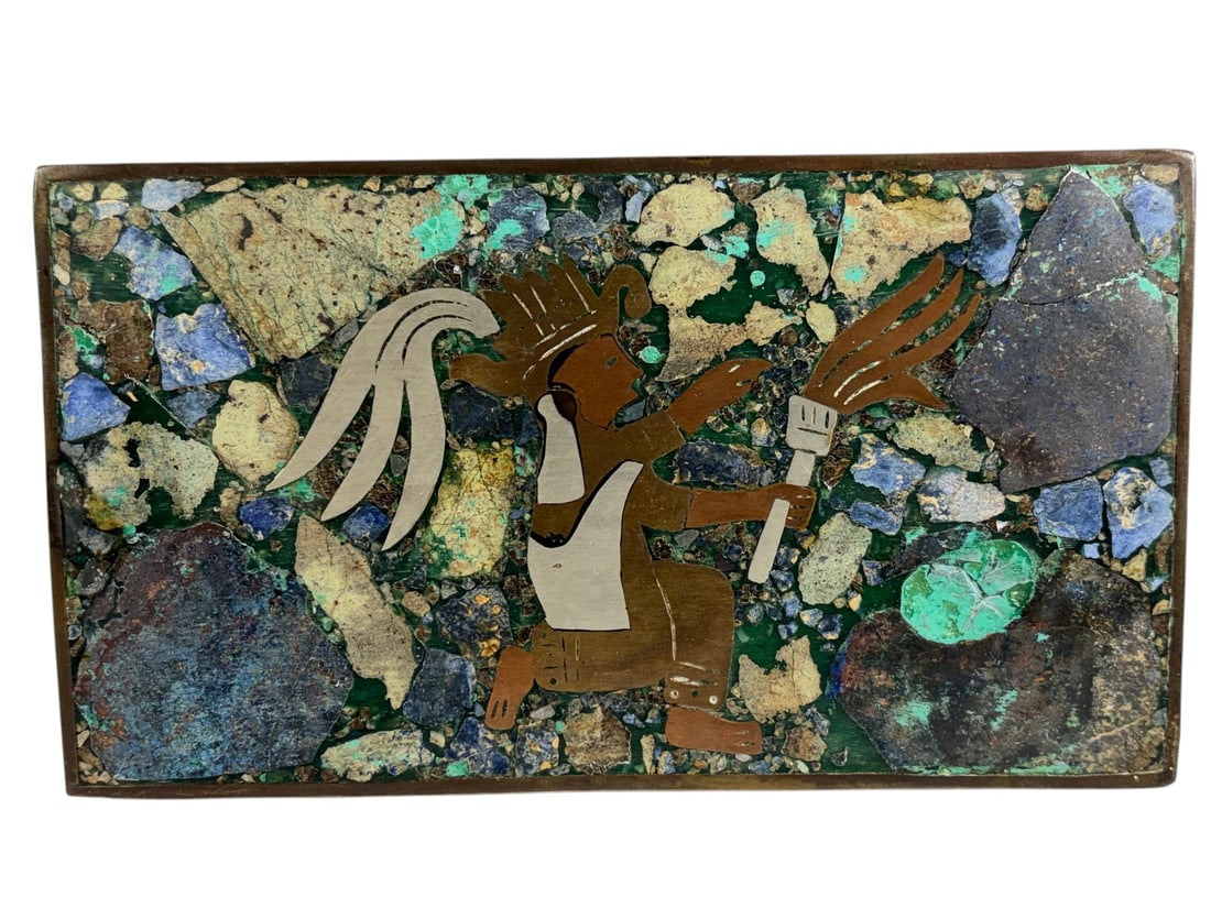 Mexican Native Rectangular Stone Inlaid Brass Box - 2