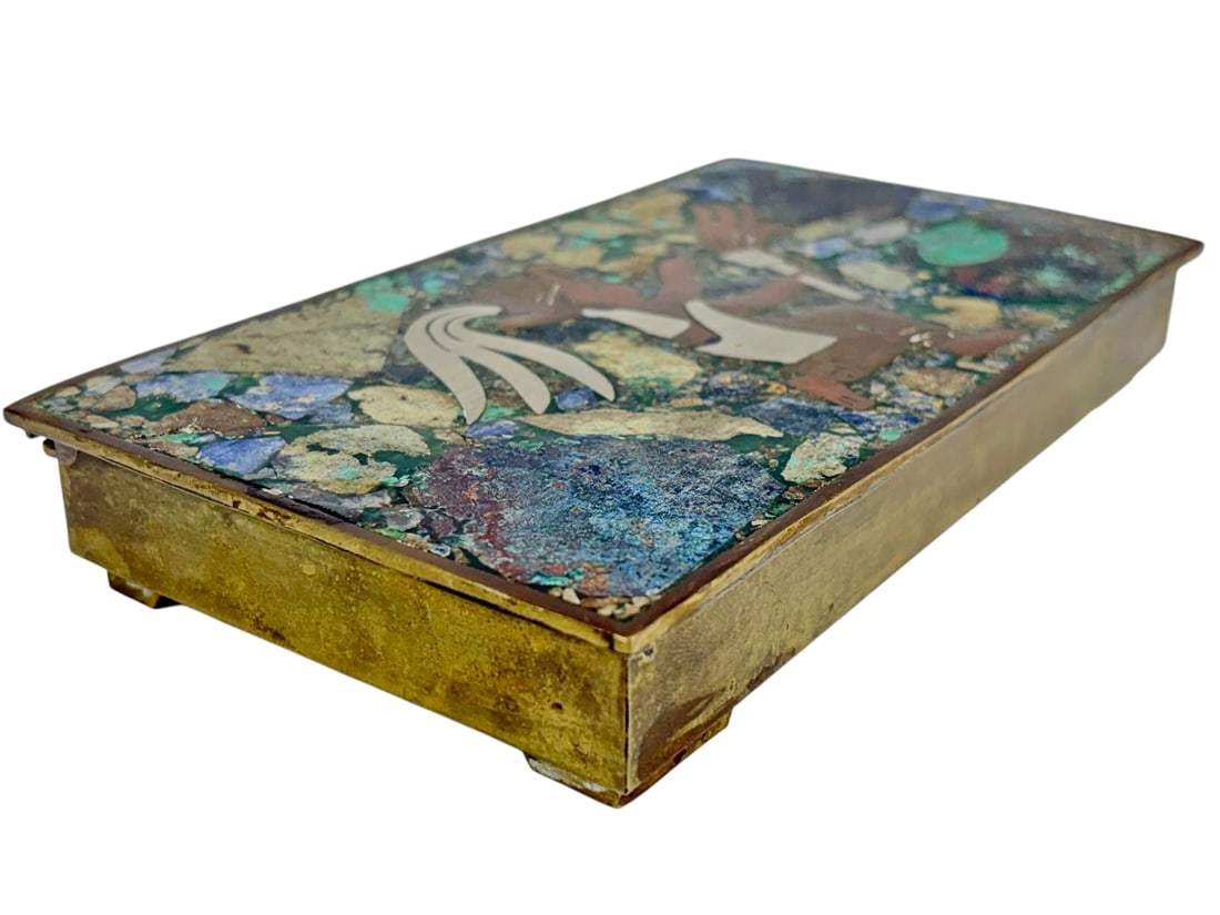 Mexican Native Rectangular Stone Inlaid Brass Box - 3