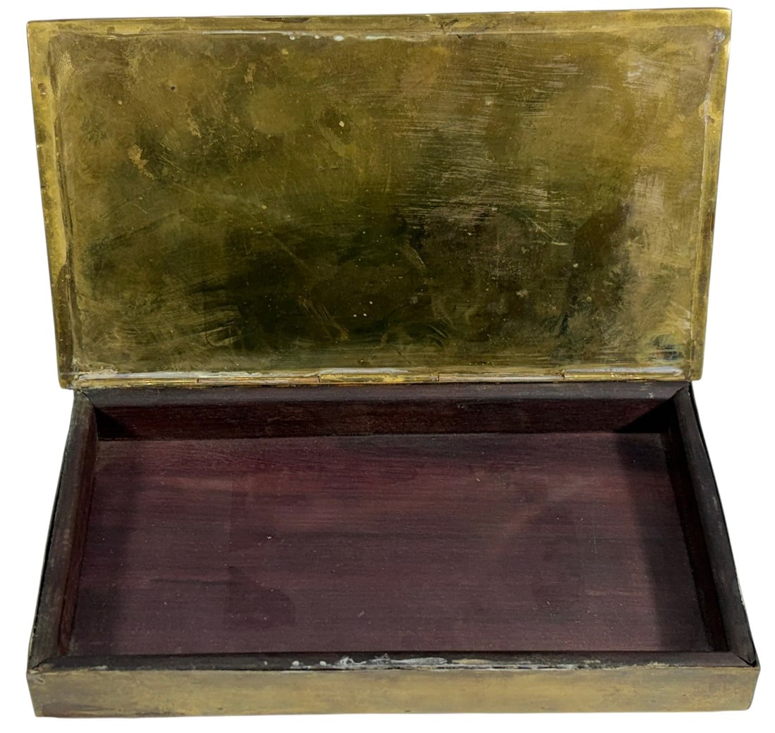 Mexican Native Rectangular Stone Inlaid Brass Box - 4