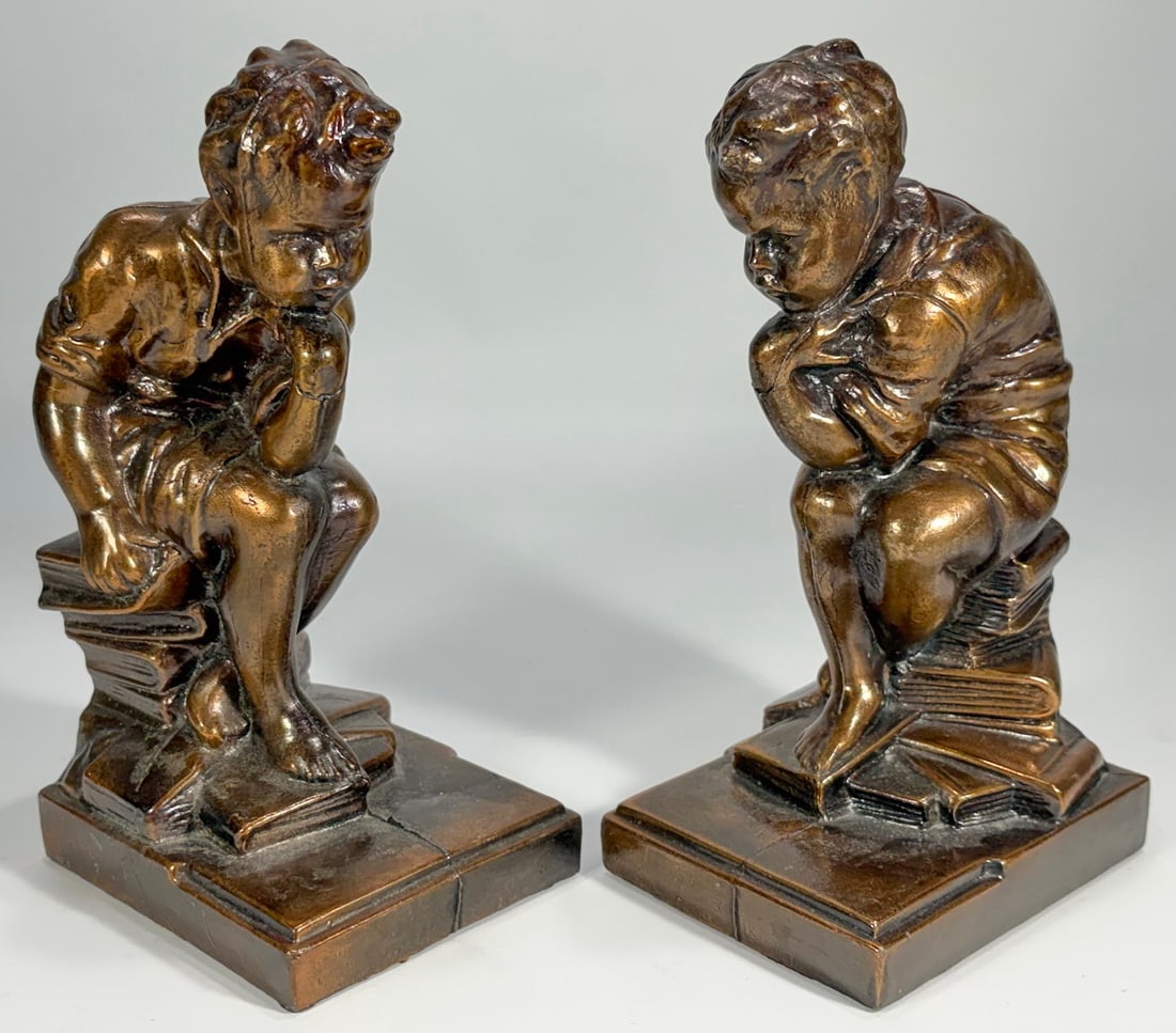 Pair Boys Figural Bookends Metal Copper Tone (1 of 4)