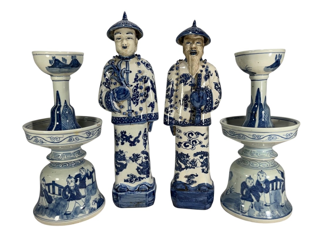 Chinese Style Blue & White Glazed Ceramic 4pc LOT: Group of four Chinese style blue and white glazed ceramic items, including a pair of figural scholar figures and a pair of altar form candleholders or stands, decorated with traditional motifs such as