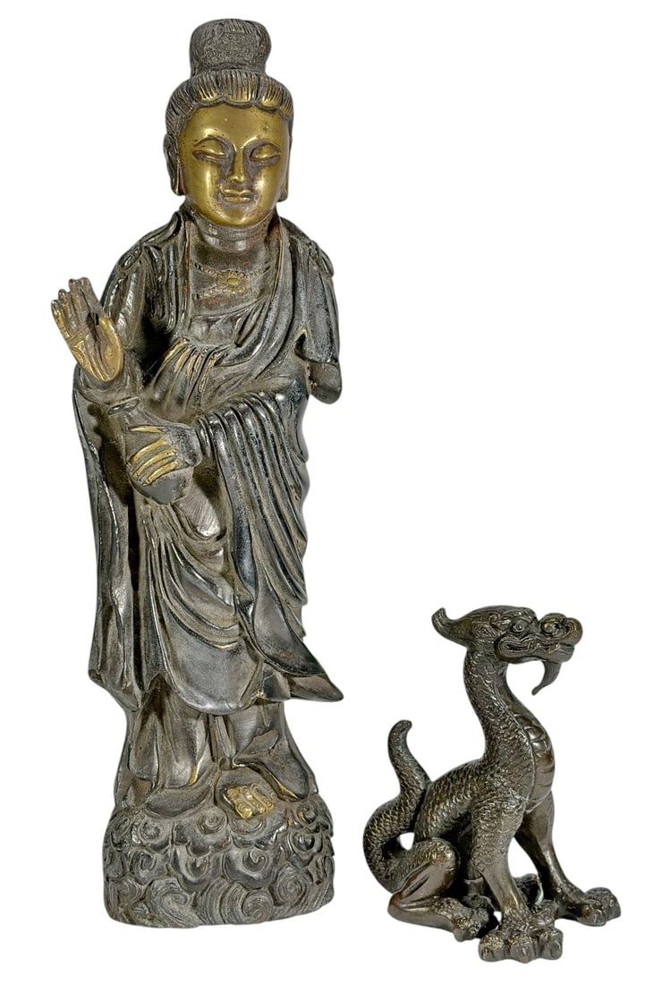 Chinese Standing Buddha & Dragon Bronze 2pc LOT: Two Asian bronze figures including a standing Buddha with gilt highlighted face and hands, raised on stylized cloud base, and a seated dragon figure with detailed scales and open mouth. The tallest me