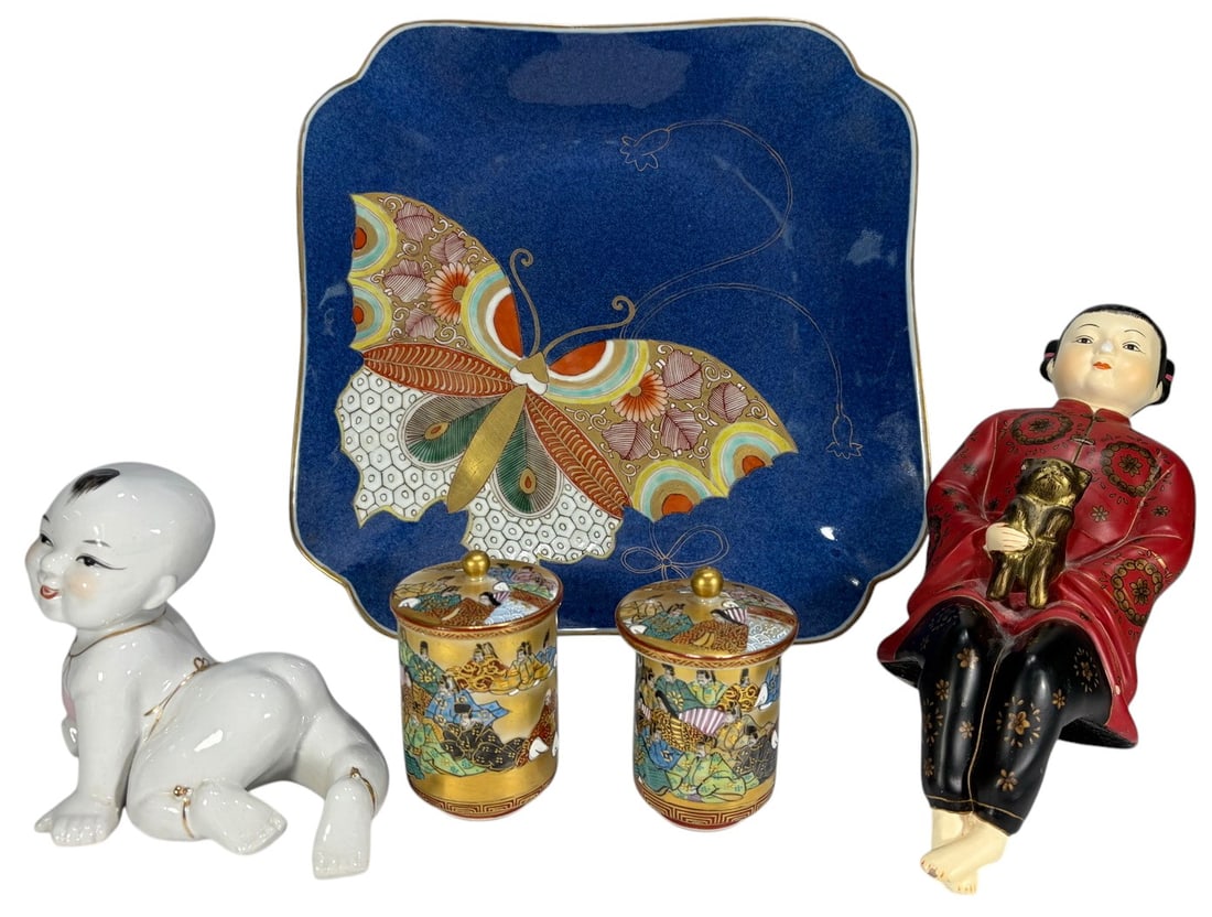 Japanese Kutani Boxes & Dish & Chinese Fig 5pc LOT: Includes one Japanese Kutani style porcelain dish with butterfly decoration, two Japanese Kutani lidded porcelain boxes with figural scenes and gilt ground, and two Chinese figural pieces, one reclini