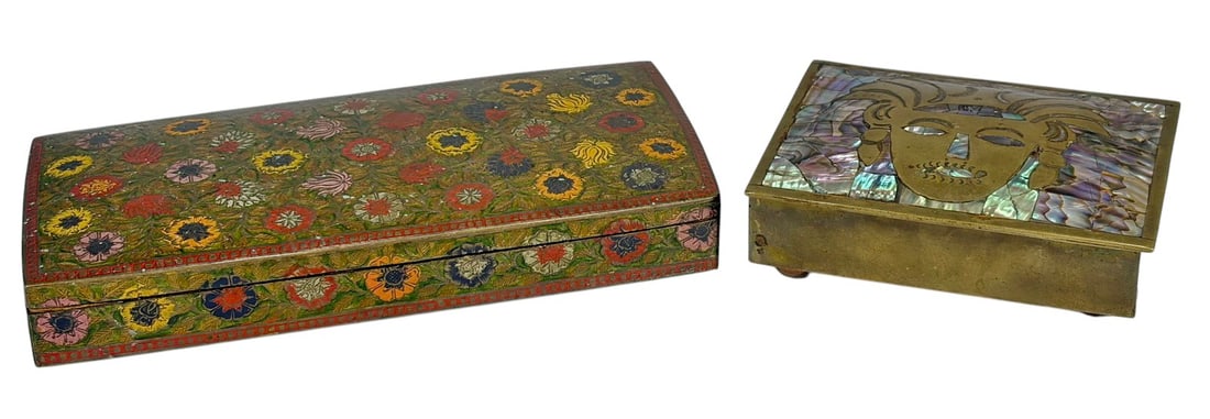 Mexican Native Brass & Abalone Inlaid Boxes 2pcs: Two decorative boxes including one rectangular brass box with abalone shell mosaic lid depicting a stylized face, and one elongated hinged box with polychrome floral decoration throughout. The largest