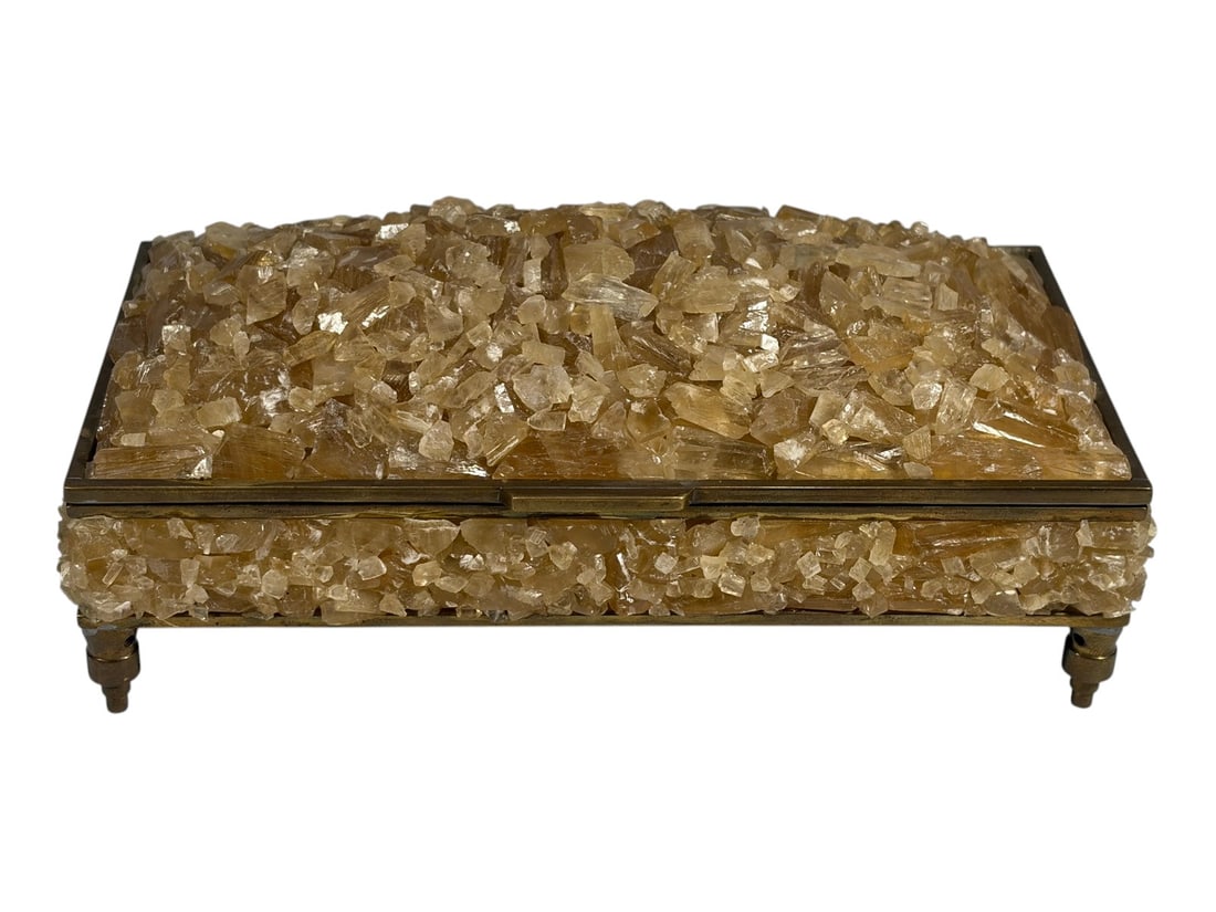 Decorative Mineral Crystal Box with Bronze Mount: Rectangular box encrusted with pale honey colored mineral crystal fragments, likely calcite, set within a bronze frame with hinged lid and four turned feet, interior fitted with wood lining. Dimension