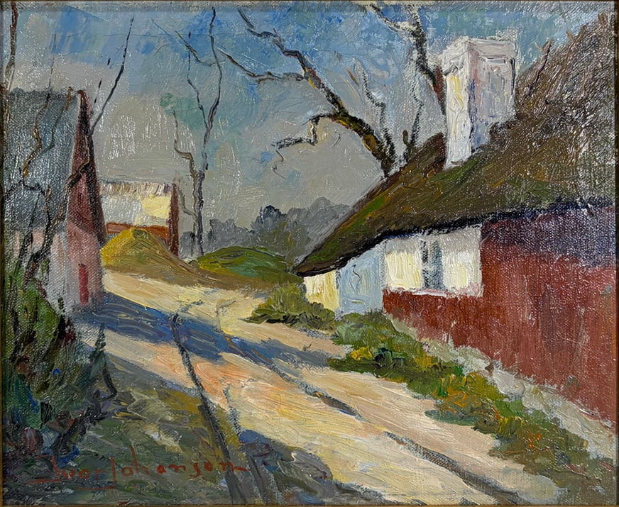 Wilhelm Johansson Landscape Oil Painting on Canvas: Oil on canvas by Wilhelm Johansson, depicting a landscape scene with a path leading toward a structure, rendered in expressive brushwork and a vibrant palette. Signed in red on the composition. Presen