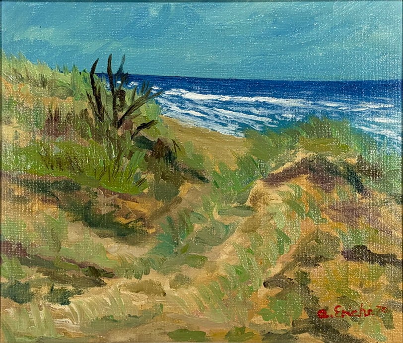 Christian Erichsen Landscape Oil Painting Canvas: Oil painting on canvas by Christian Erichsen (Norway), depicting a coastal landscape with shoreline and vegetation, executed in an expressive painterly style. Signed lower right. Presented in a wood f
