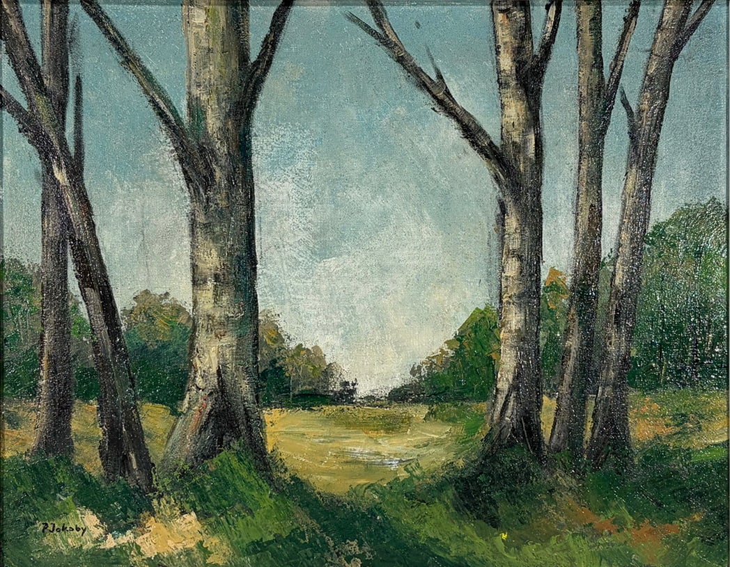 Jakoby Peter Landscape Oil Painting on Canvas: Oil painting on canvas by Peter Jakoby (Sweden), depicting a wooded landscape with trees and natural surroundings, executed in an expressive painterly style. Signed on the composition. Presented in a 