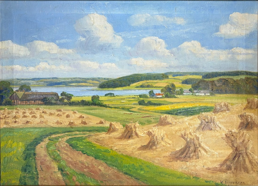 Jespersen, Gamst Jespersen Oil Painting on Canvas: Oil painting on canvas attributed to Henrik Gamst Jespersen (Denmark, 1853-1936), depicting a rural landscape with fields, winding paths, and distant farm structures under a clouded sky. Executed in a