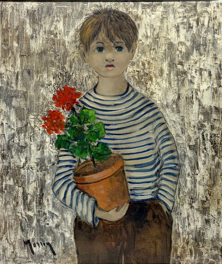 Marcel Masson. Boy with Flowers Oil Painting: Oil on canvas painting attributed to Marcel Masson, French artist. Figural composition depicting a young boy holding a potted plant with red flowers, set against a textured background. Signed to the l