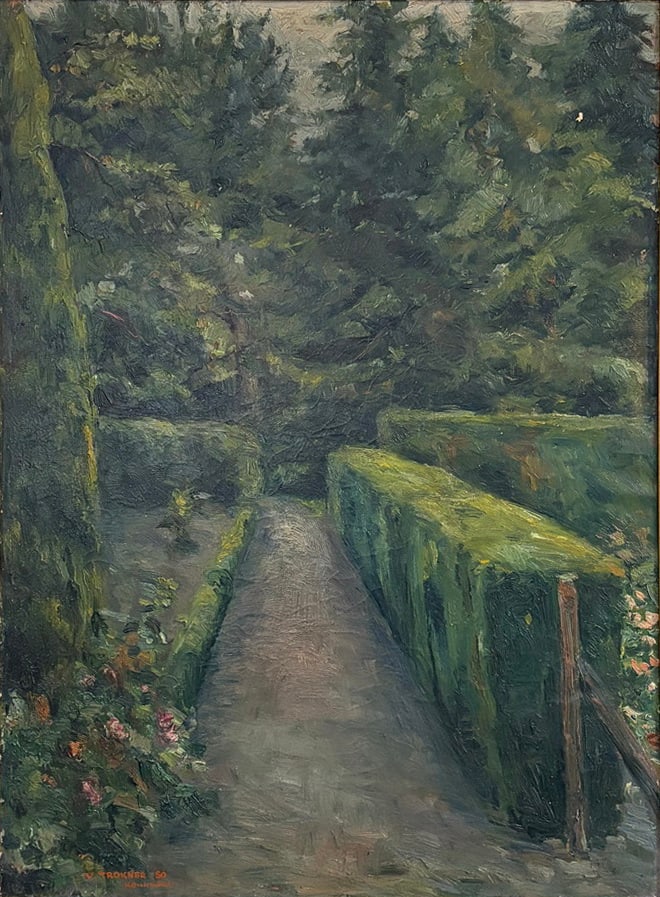 V. Trokner Garden Landscape Oil Painting On Canvas: Oil on canvas painting by V. Trokner. Landscape composition depicting a garden path bordered by manicured hedges and dense trees, rendered in an impressionistic style with visible brushwork. Signed lo