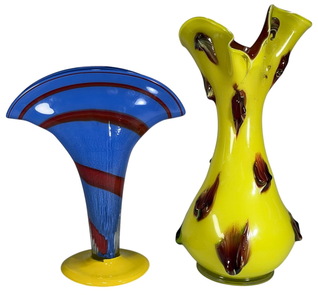 Essie Zareh & Other Hand Blown Glass Vases 2pcs: Two hand blown art glass vases including one cobalt blue example with red spiral band and wide flared rim on yellow foot, together with one bright yellow vase having applied brown and multicolor pulle