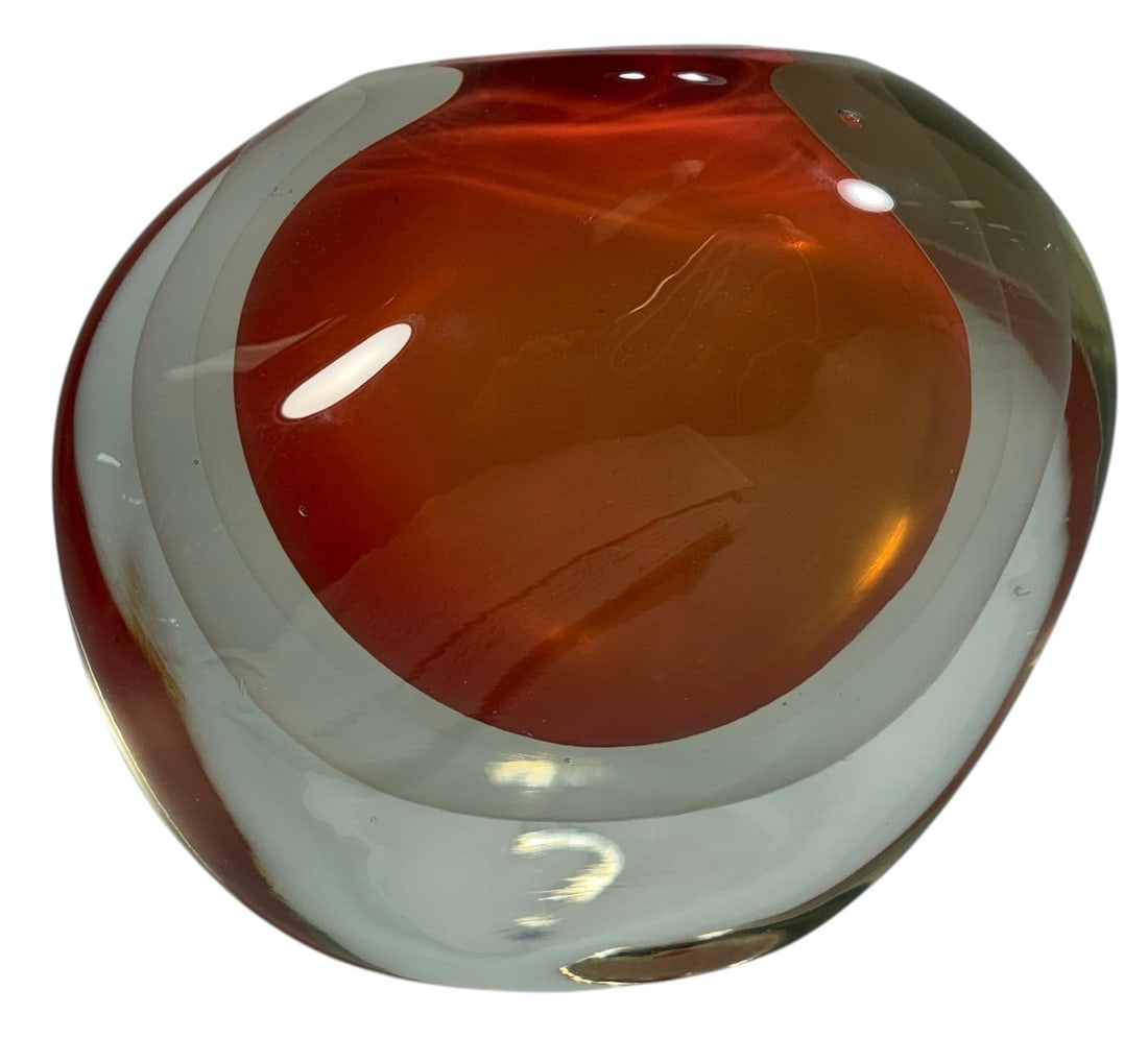 Eric Laurent Art Glass Vase Signed Allex 1985: Eric Laurent hand blown art glass vase, organic ovoid form, red and amber with white banding, narrow opening, etched 'Allex 20/05/1985 and E Laurent,' late 20th century studio glass. Dimensions: 6.75 