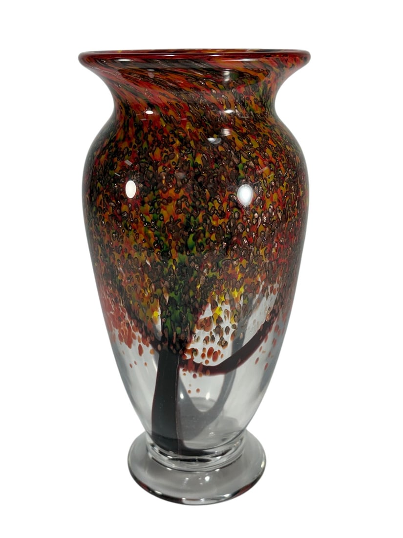 Murano Style Art Glass Freeform Vase Signed: Art glass freeform vase, green tone with pulled rim, multicolor inclusions and millefiori accents, mixed transparent and opaque glass, polished base with etched Monaco signature, Murano style. Dimensi