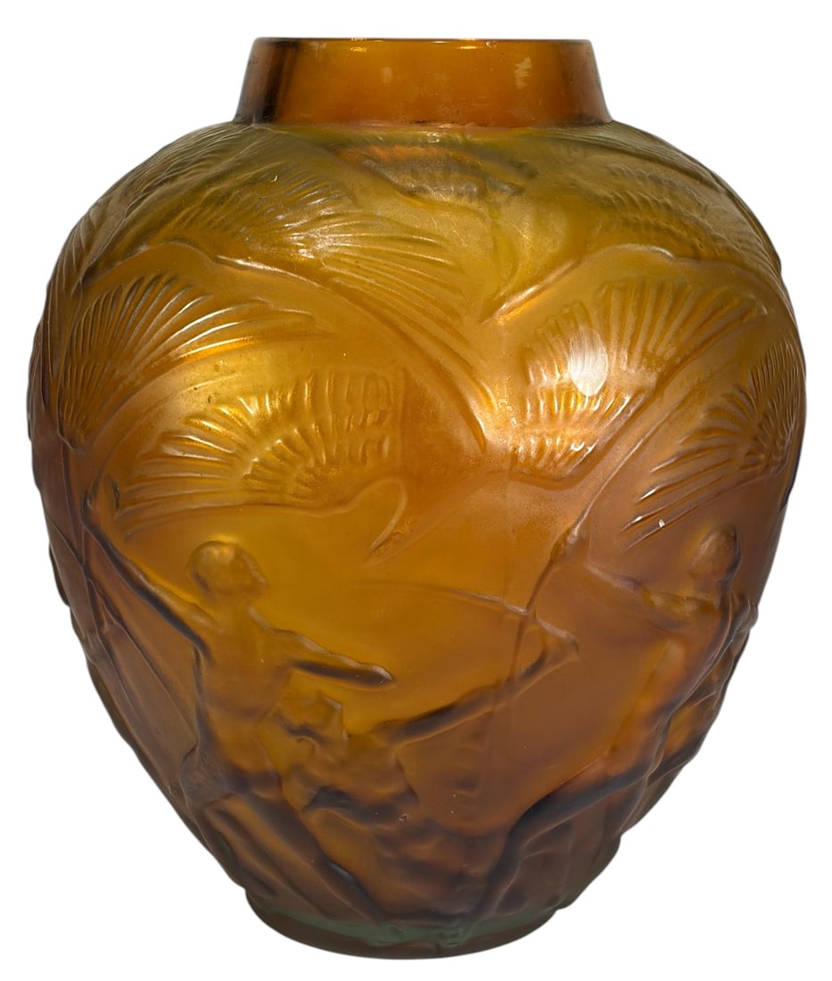 After Rene Lalique Archers Amber Glass Vase: After Rene Lalique, amber frosted glass vase with relief band of archers, satin finish with darker recessed tones, Lalique style mark. Dimensions: 10.25 X 8.25 X 8.25 in. Condition: Good overall co