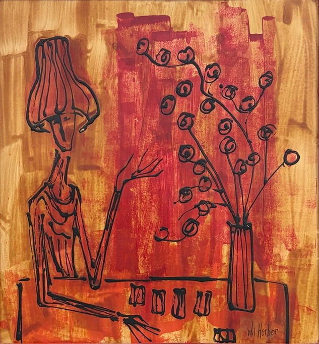 Signed 'Wil Herber' Large Mixed Media Painting: Large signed mixed media painting on panel depicting a stylized seated figure beside a floral arrangement in bold abstract linework with layered red, orange, and yellow tones, housed in an ornate gilt
