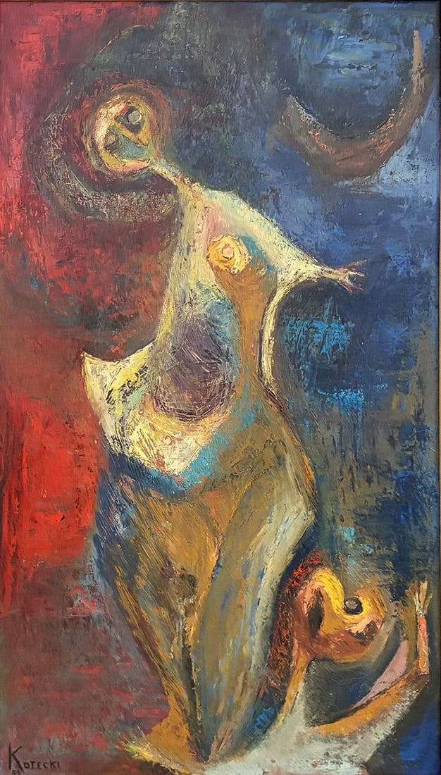 Signed Kotecki 53 Oil Painting on Masonite: Mid century abstract oil painting on masonite depicting a stylized biomorphic figure in bold textured impasto with red, blue, ochre, cream, and black tones. Signed to the lower left, housed in a wide 