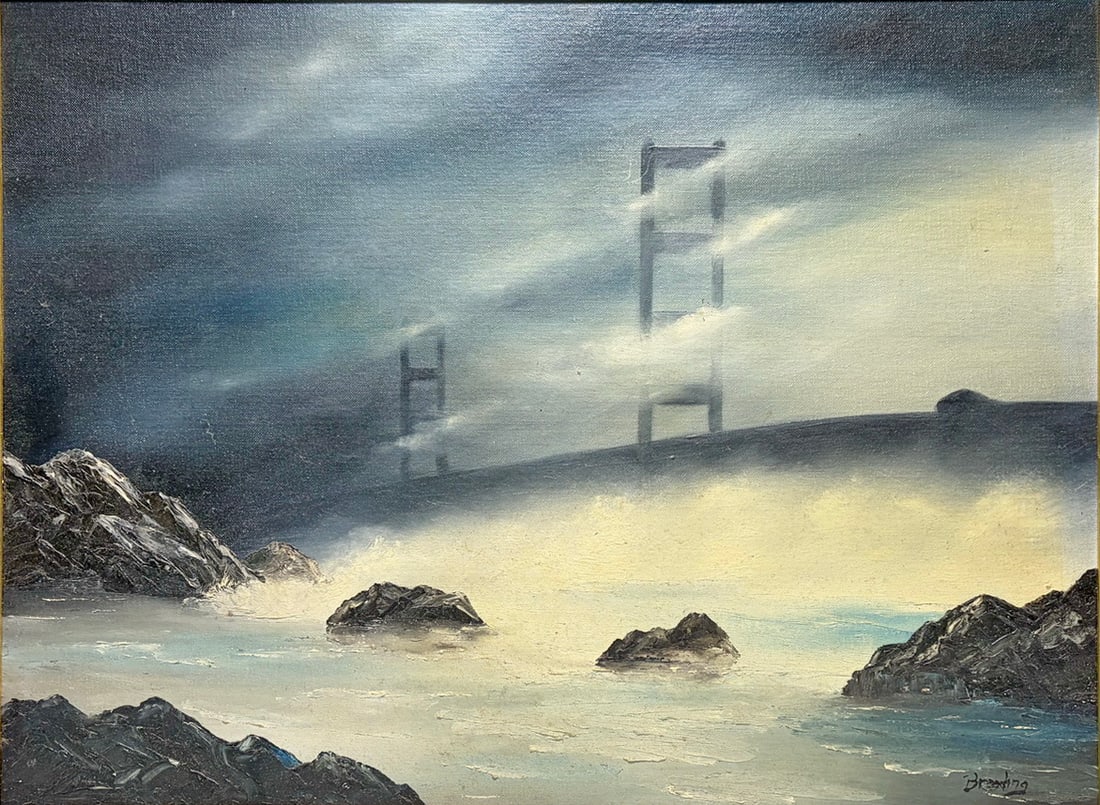 VTG Bridge Landscape Oil Painting on Board, SIGNED: Vintage oil painting on canvas board depicting a fog covered suspension bridge with rocky shoreline and calm water, rendered in a moody atmospheric palette of gray, blue, and cream tones. Signed to th