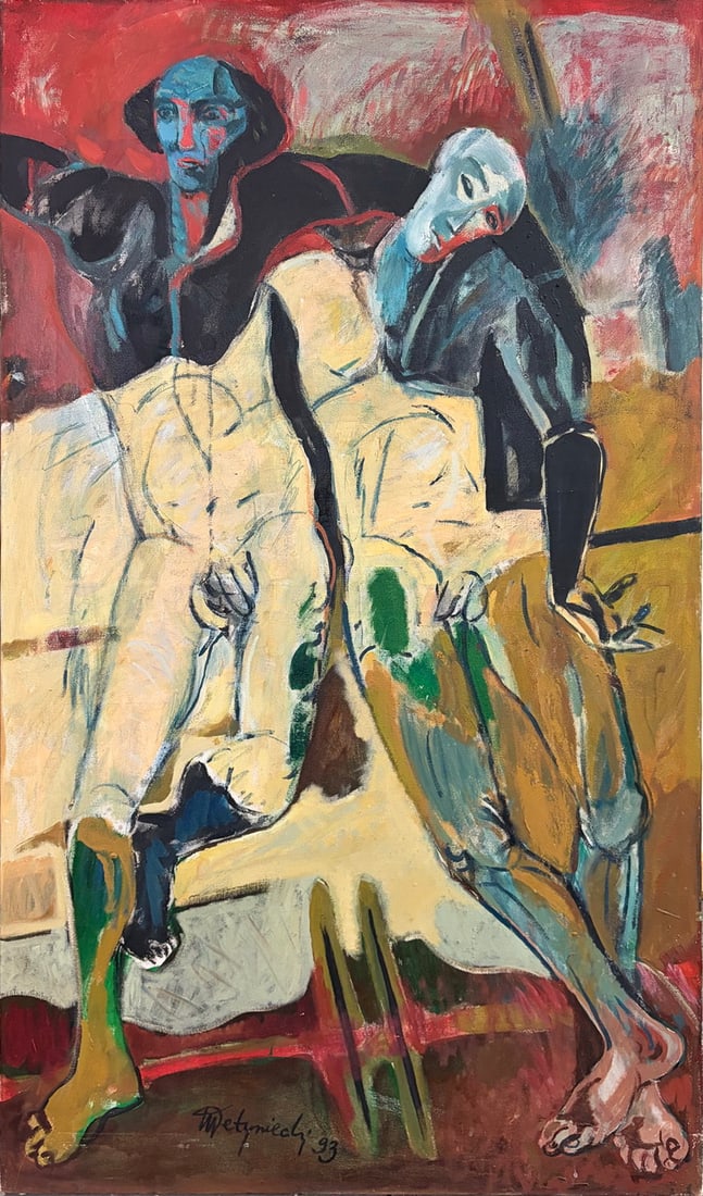 Mieczyslaw 'Mietek' Detyniecki Oil Painting: Style characterized by distorted, cartoon-like figures with European Expressionist influence, often depicting deformed, intertwined human and animal forms. Features dramatic, symbolic imagery drawn fr
