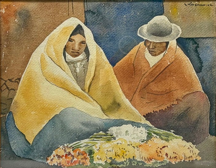 Eduardo Kingman Indigenous Watercolor Painting: Eduardo Kingman watercolor painting depicting two seated indigenous figures beside floral arrangements. Composition rendered in earthy brown, ochre, cream, and muted blue tones with expressive facial 