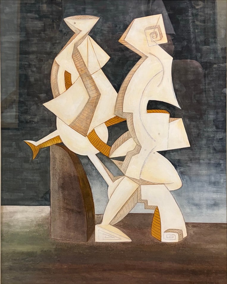 Laura Martorelli (Argentinean) Abstract Painting: Abstract figural composition attributed to Laura Lio Martorelli (Argentinean, born 1967). Features two geometric cubist-inspired figures in a stylized interior setting with angular forms and muted ton