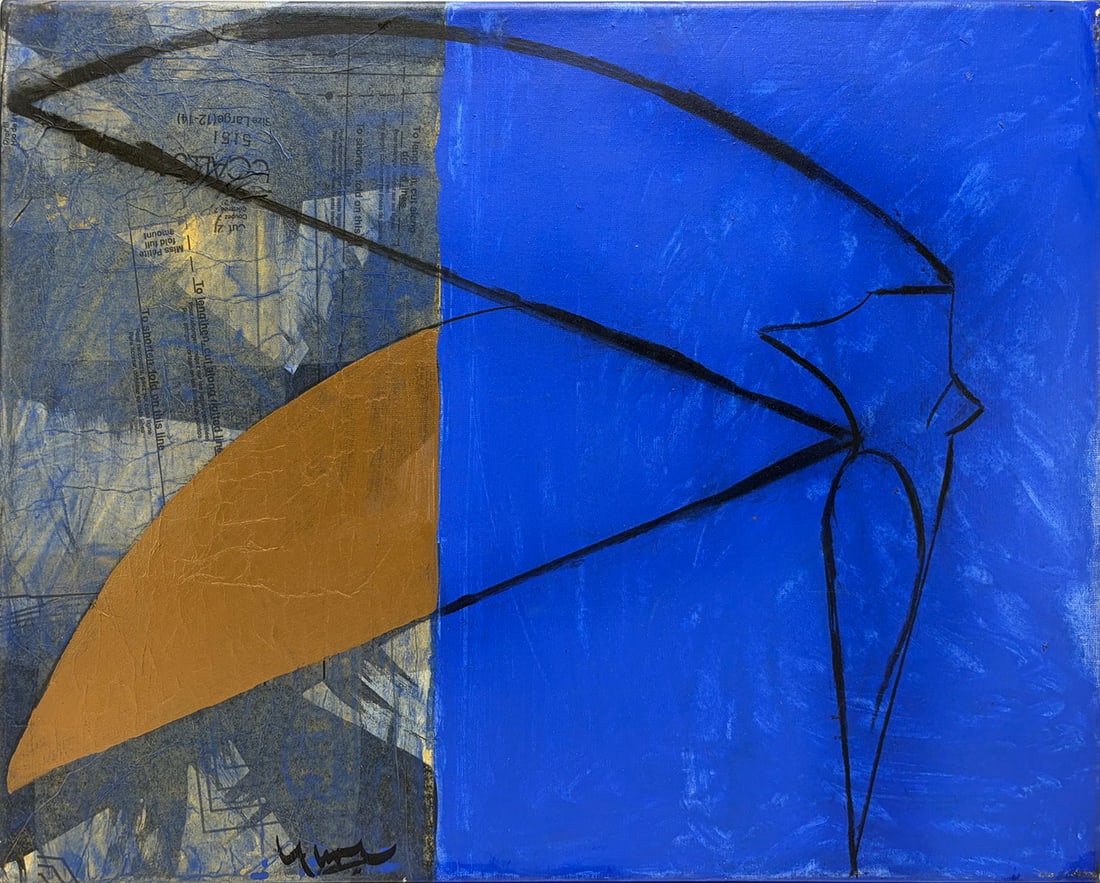 Juan Lecuona Argentinean Oil Painting on Canvas: Abstract mixed media oil painting on canvas by Juan Lecuona (Argentinean, 1956-2025), titled 'Ella en el Muelle,' dated 2004 verso. Features blue and gold-toned geometric forms with black linear eleme