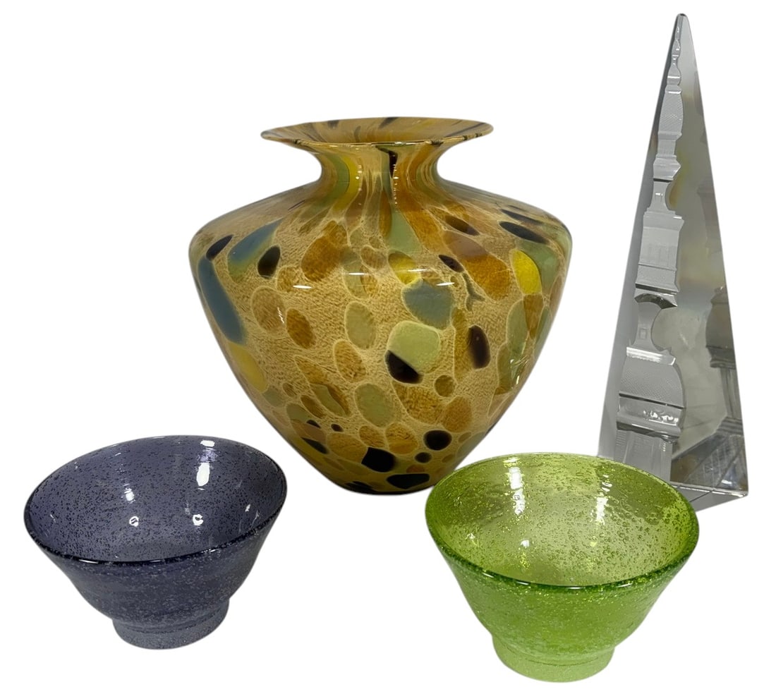 Murano Style Vase, Bowls & Crystal Obelisk 4pc LOT: Four piece decorative group including art glass vase with mottled amber, green and black pebble pattern and flared rim, together with two small hand blown blue and green bubble glass bowls, and clear 