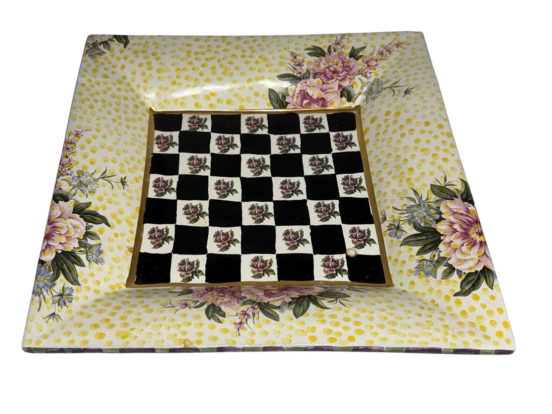 MacKenzie Childs Torquay Ceramic Square Plate: MacKenzie Childs Torquay ceramic square plate, hand painted checkerboard center with floral motifs, yellow dotted ground, green and purple striped rim, marked underside, decorative whimsical design. D