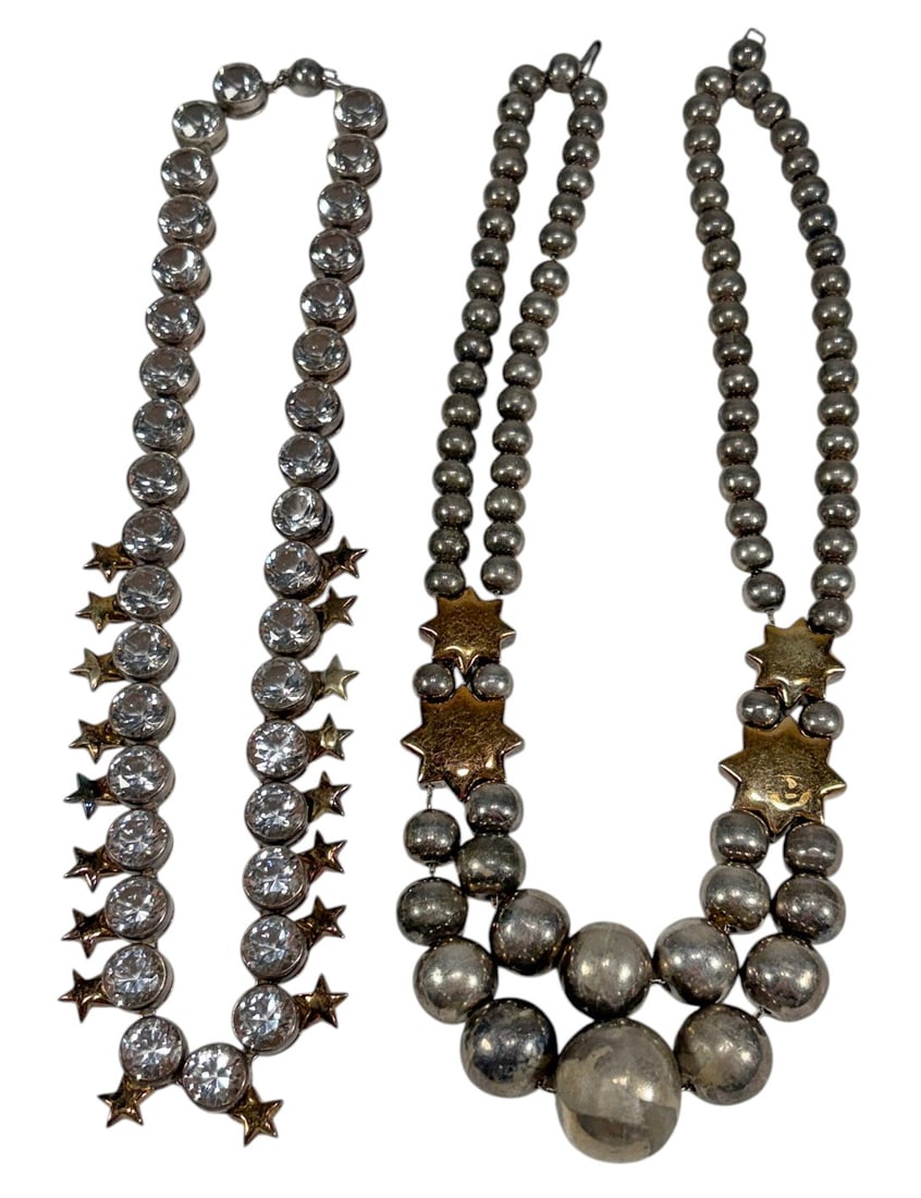 Vintage Silver Beaded & Glass Necklaces 2pc LOT: Vintage group of two necklaces, silver tone beaded necklace with graduated beads and star spacers, and faceted clear glass necklace with bezel settings and star motifs, mid to late 20th century costum