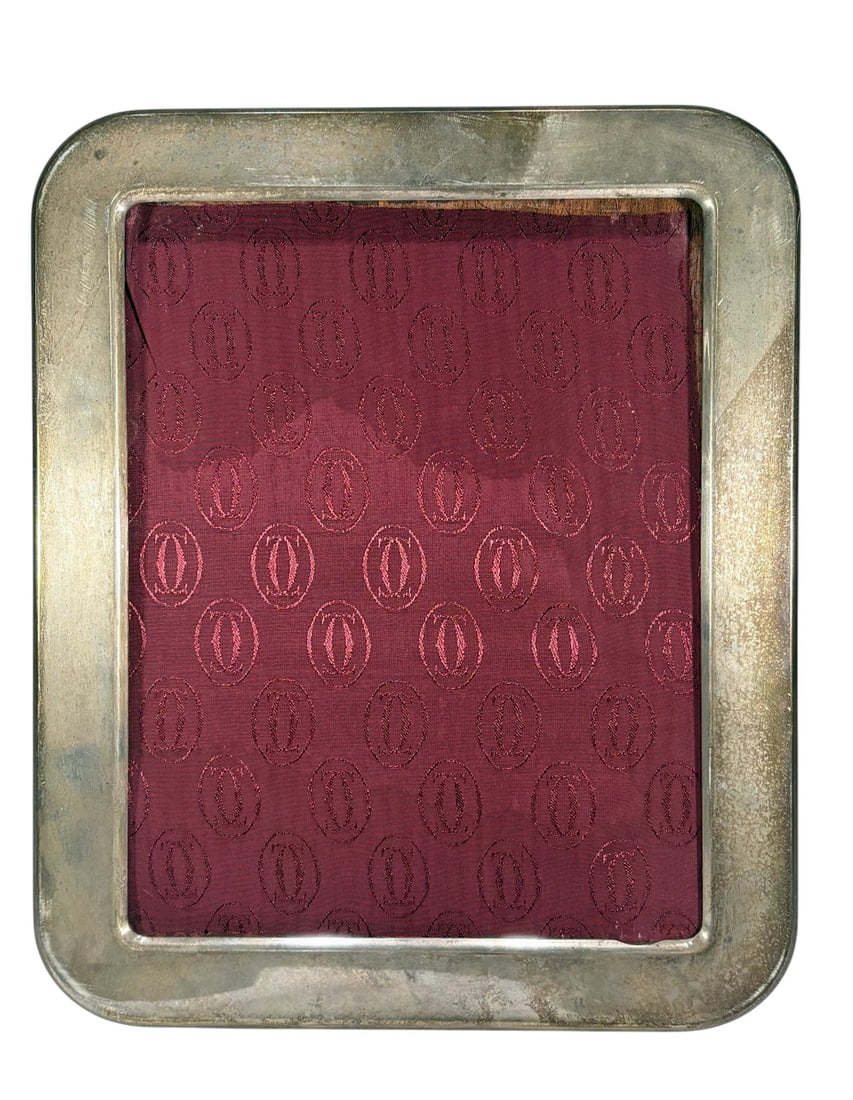 Vintage Cartier Sterling 925 Large Picture Frame: Cartier sterling silver 925 rectangular picture frame, rounded edge profile, minimalist design, burgundy monogram backing with easel support, marked 'Cartier 925,' luxury desk accessory. Frame measure