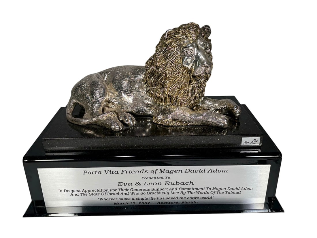 Sterling Silver 925 Lion Resting Sculpture 2007': Sterling silver .925 resting lion sculpture, marked 'Sterling 925' and labeled Bar-Zion Israel, mounted on a black base with presentation plaque. Inscribed to Eva & Leon Rubach from Porta Vita Friends