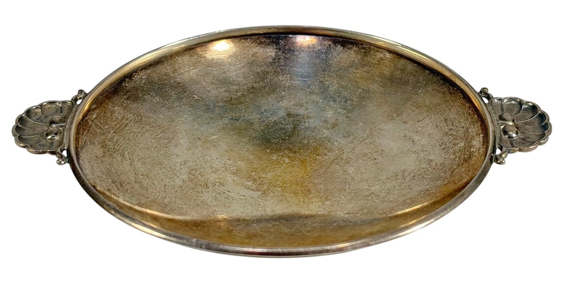 Georg Jensen Denmark Sterling Silver 925 Oval Bowl: Sterling silver bowl by Georg Jensen, Denmark, featuring an oval form with applied side handles and a hand-hammered surface. Marked on underside '925 S,' 'Sterling,' and Georg Jensen hallmark. Design 