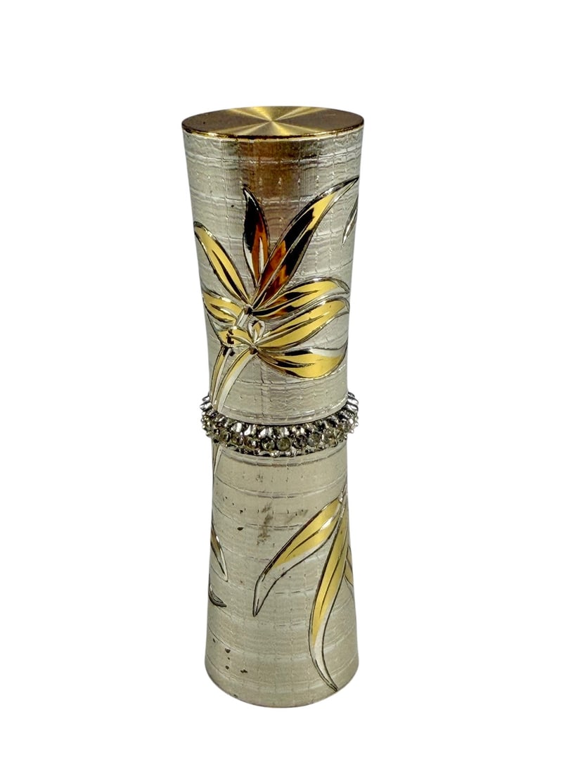 Revlon Sterling Silver 925 Lipstick Case, 25 grams: Vintage Revlon sterling silver lipstick holder case with engraved floral motif and decorative band detail. Cylindrical form with removable cap. Marked 'Revlon Sterling 598' on the base. Classic mid-ce