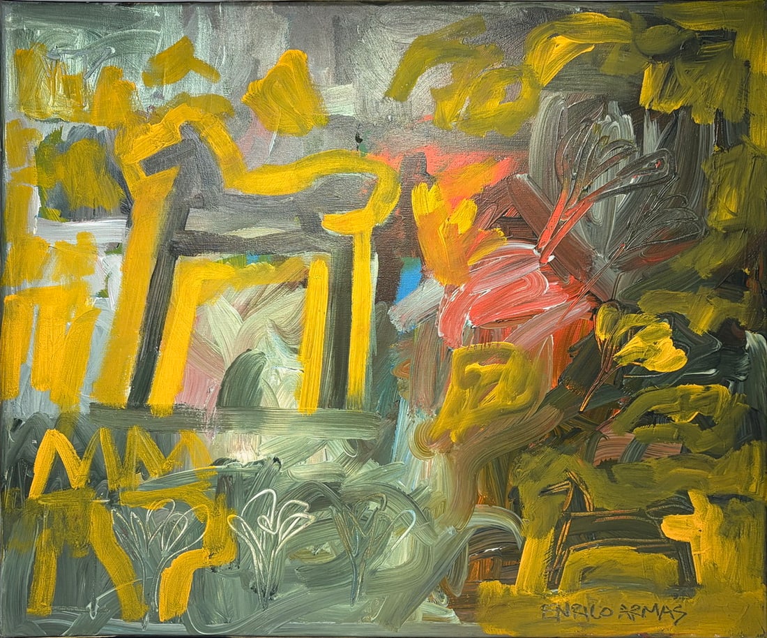 Enrico Armas Venezuelan Acrylic Painting 200: Original acrylic on canvas by Venezuelan master Enrico Armas (b. 1957). Titled 'Codigo Caballo Amarillo,' 2005. Bold expressionist composition in yellows, greens, and red. Signed front and back with f