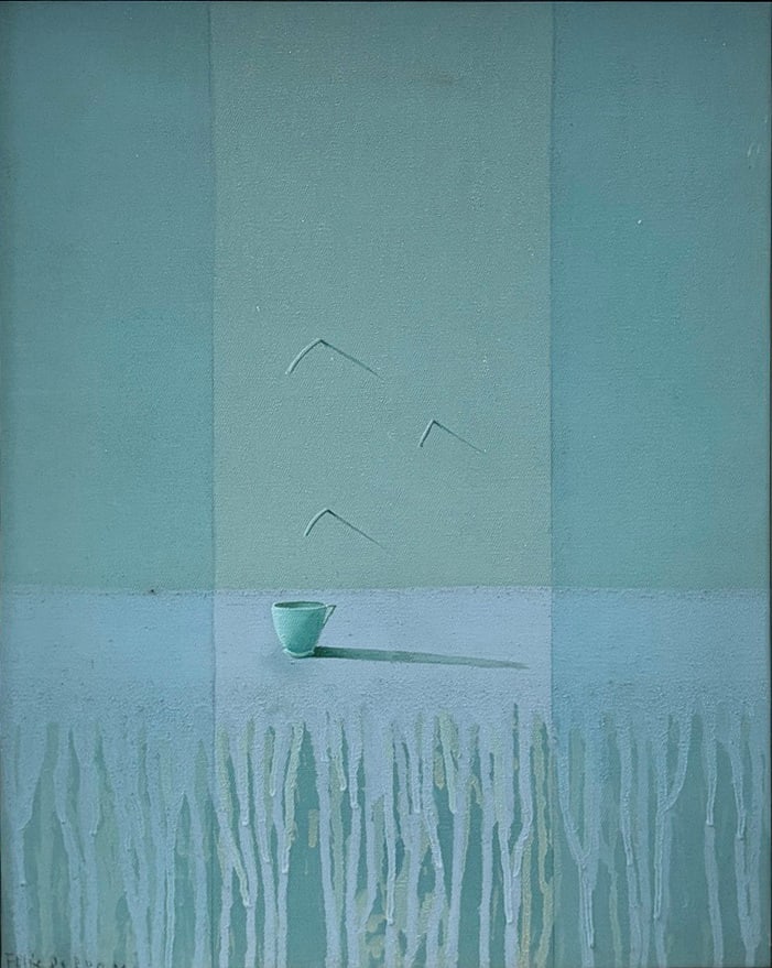 Felix Perdomo Oil Painting On Canvas, 2007: Original oil on canvas by artist Felix Perdomo (Venezuelan ,1956-2015), featuring his well-known teacup motif against a monochromatic teal-toned ground with geometric composition and textured impasto 