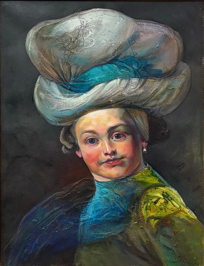 Signed Valero Oil Portrait Painting on Canvas: Oil painting on canvas depicting a portrait of a woman wearing an elaborate headdress. Executed in an expressive modern style with textured impasto and vivid blue, green, pink, and earth-tone colorati